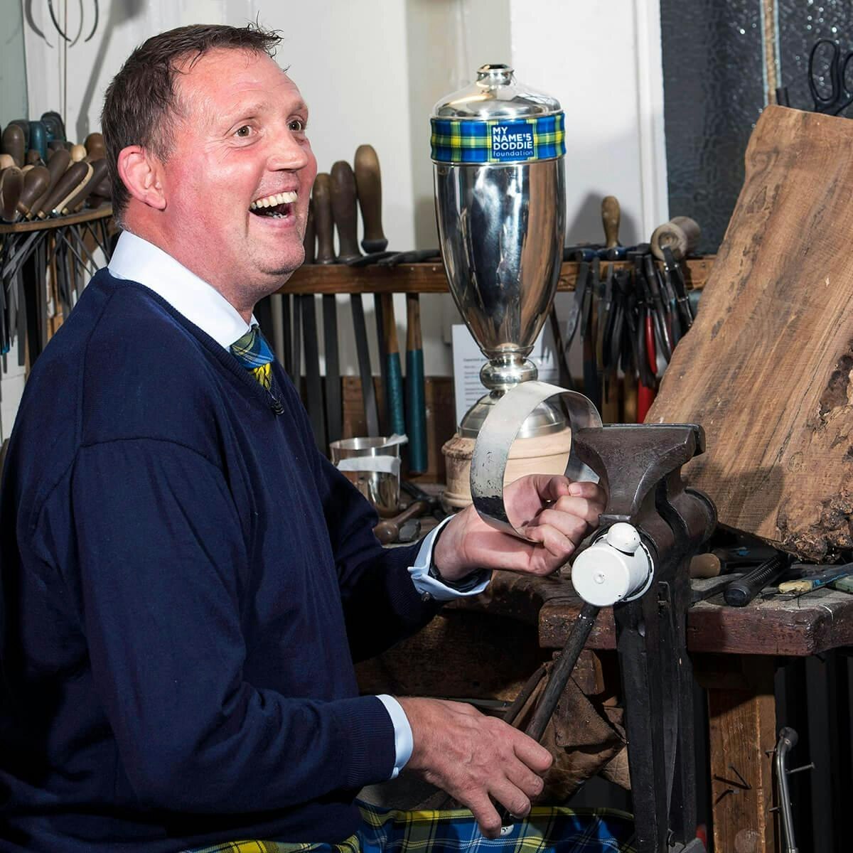 Doddie Weir helps to finish making the Doddie Weir Cup Doddie Weir helps to finish making the Doddie Weir Cup